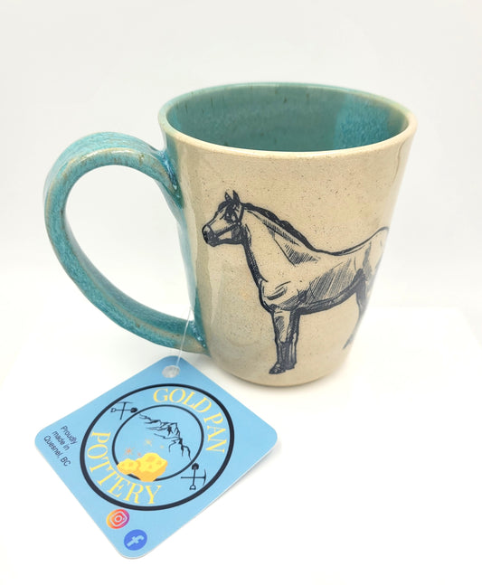 Handmade Pottery Mug, Horse image with teal glaze