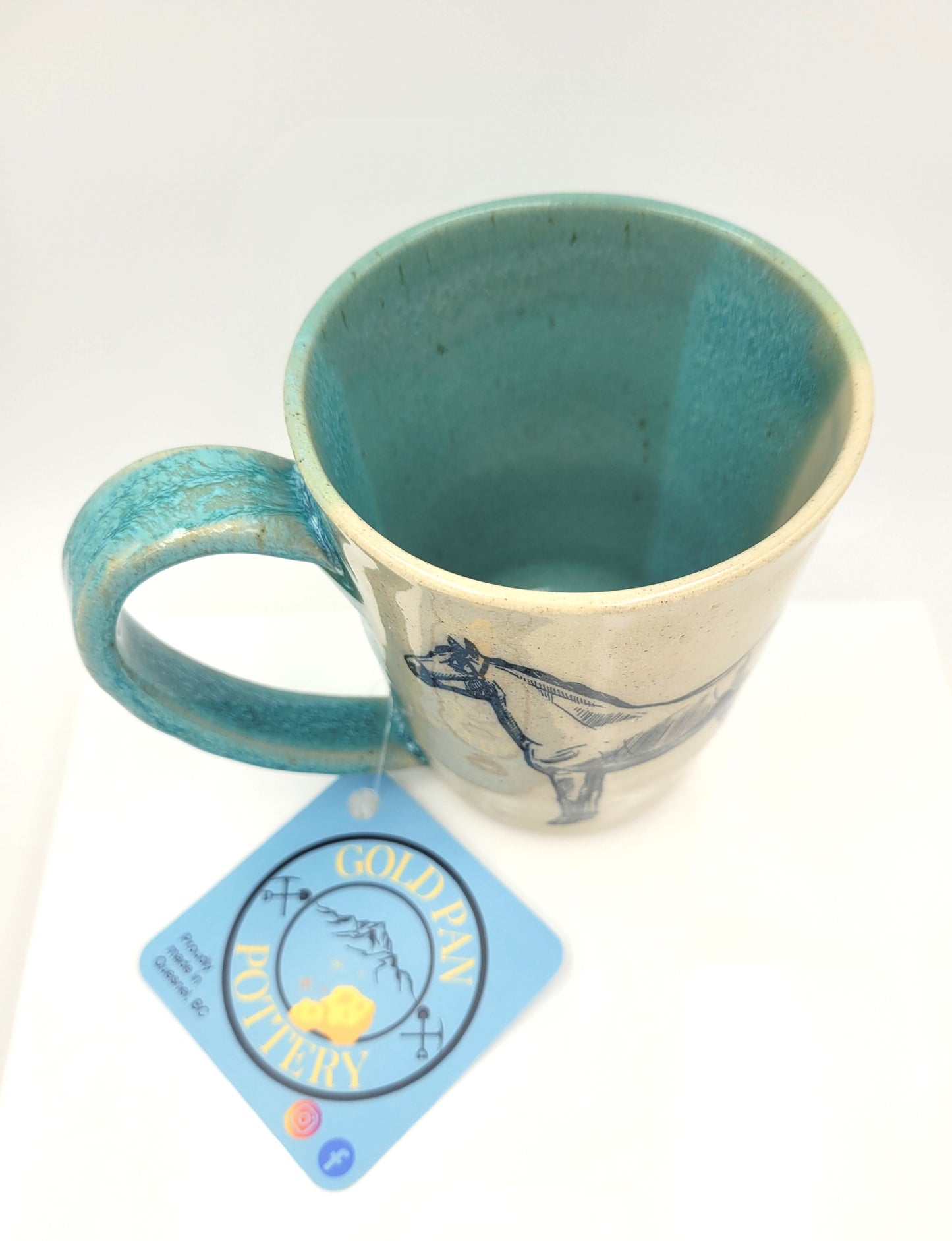 Handmade Pottery Mug, Horse image with teal glaze