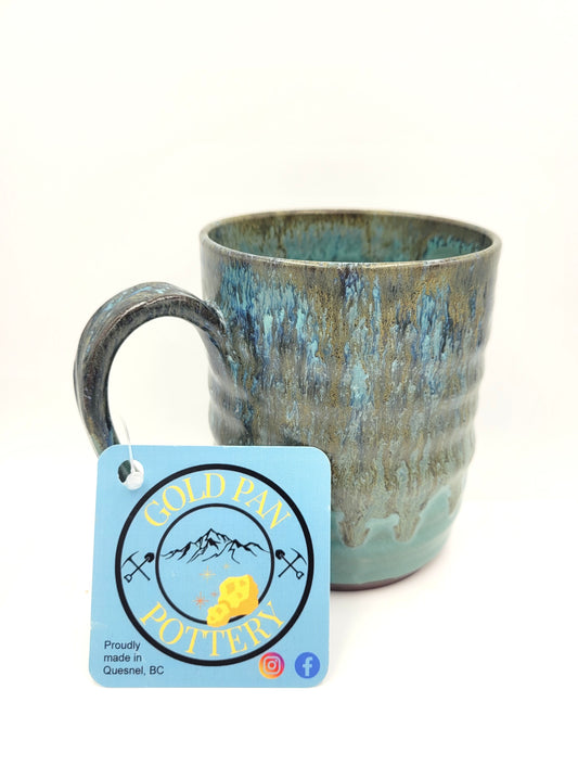 Handmade Pottery Mug, Teal, Blue and Gold