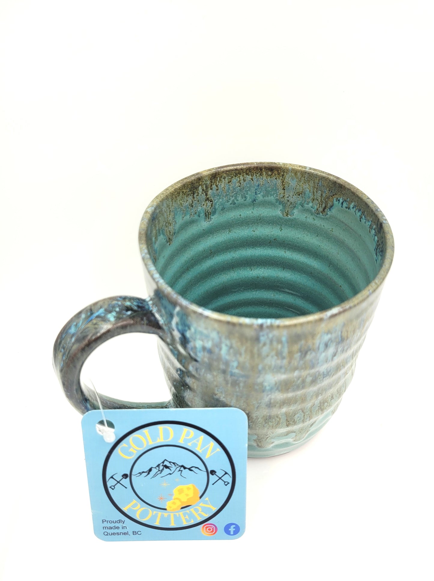 Handmade Pottery Mug, Teal, Blue and Gold