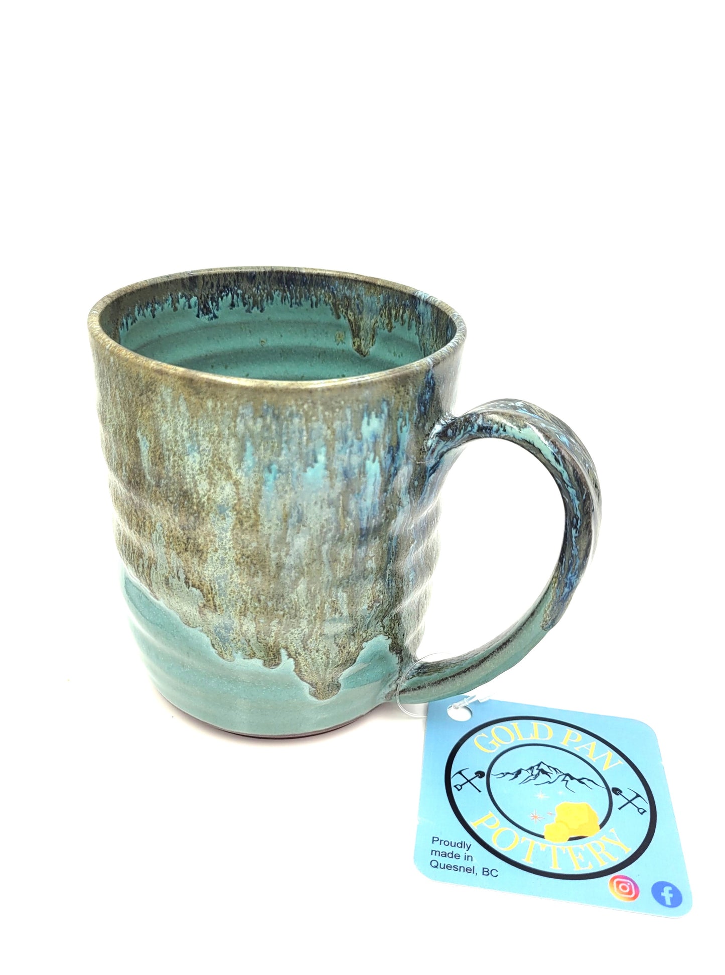 Handmade Pottery Mug, Teal, Blue and Gold