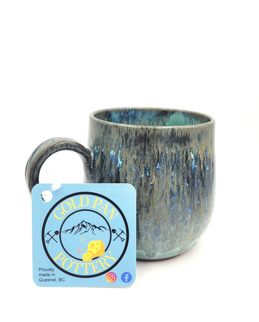 Handmade Pottery Mug, Teal, Blue, Gold