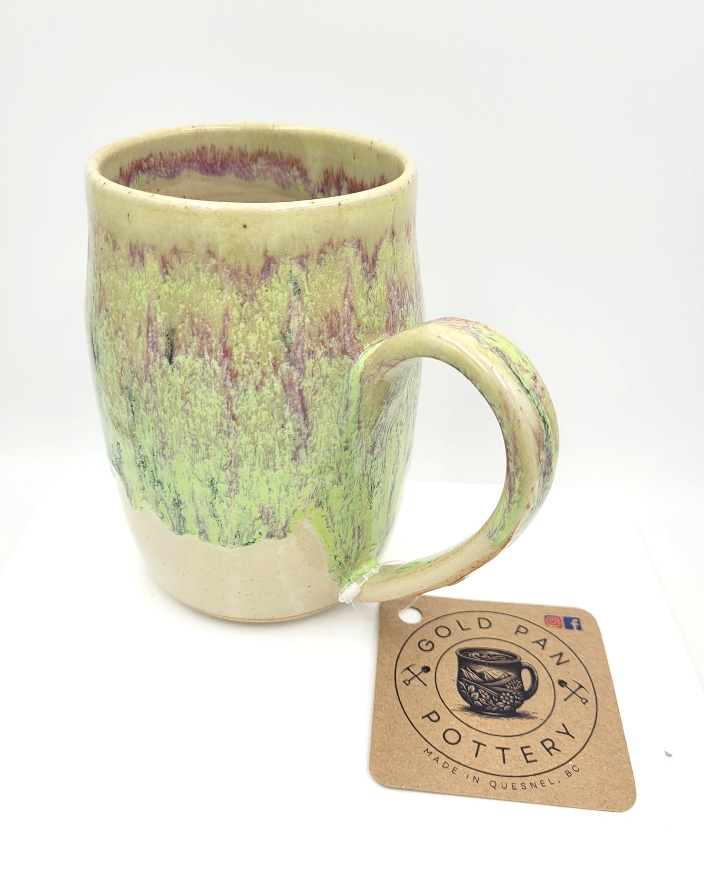 Handmade Pottery Mug, Cream, Lime Green, Raspberry