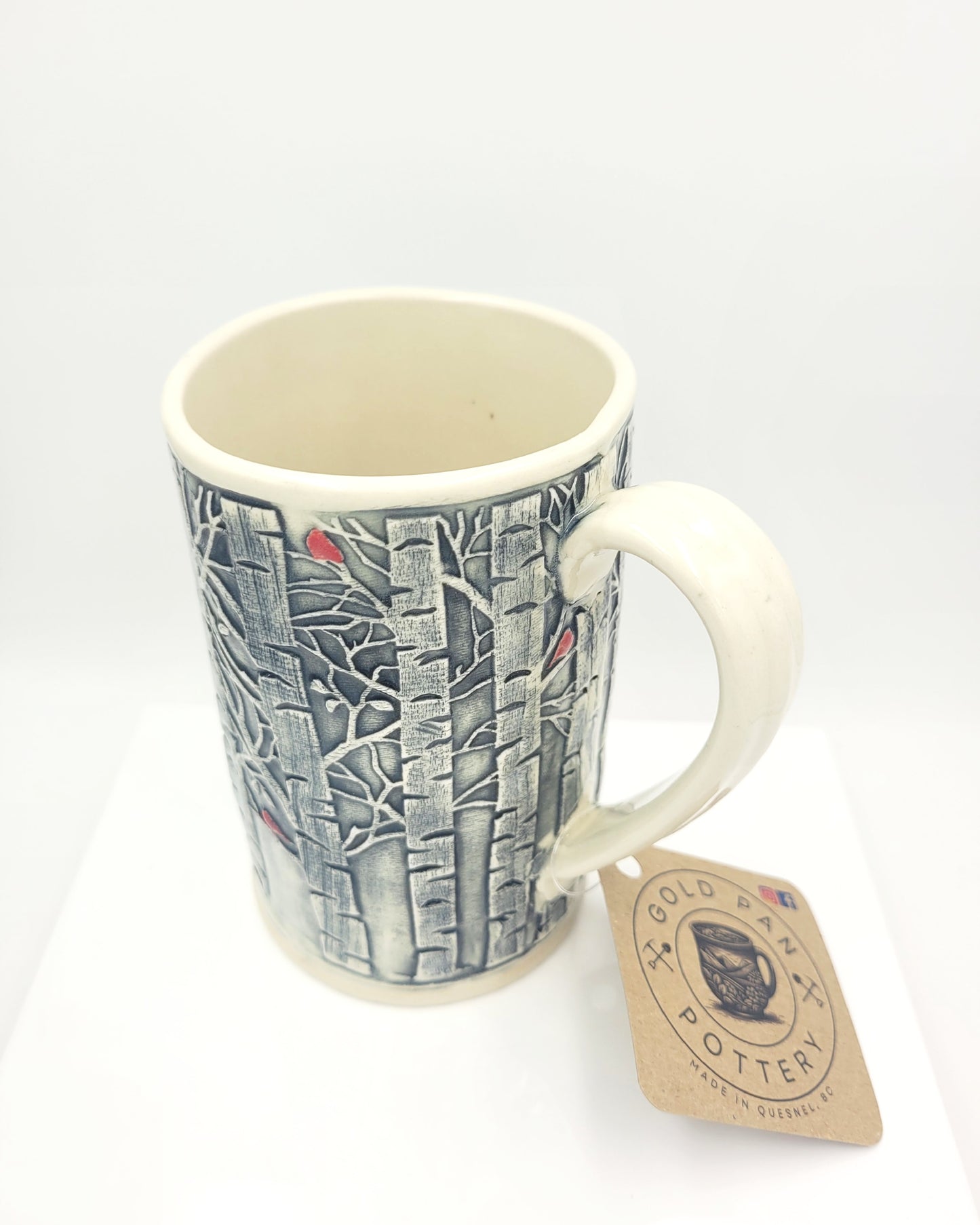 Handmade Pottery Mug, Birch Trees with Red Cardinals